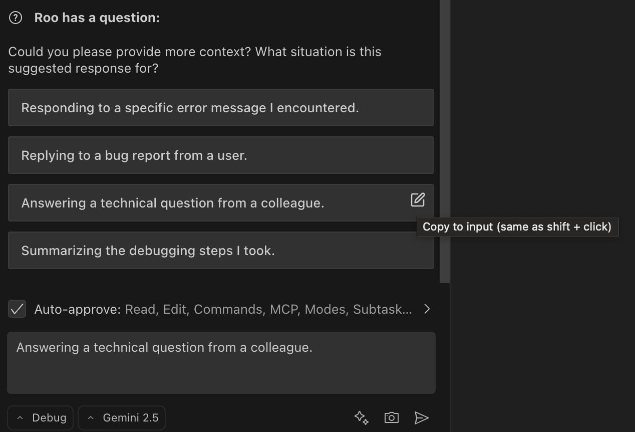 Chat input box showing text copied from a suggested response, ready for editing