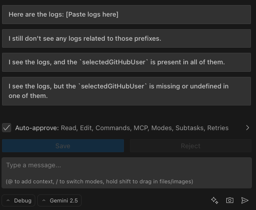 Example of Roo asking a question with suggested response buttons below it